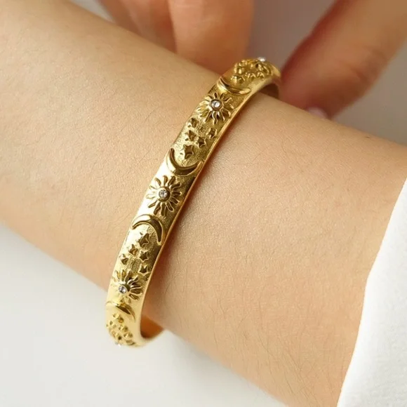 Bohemian Crescent Star Bangle Bracelet | Gold Plated Stainless Steel - Picture 1 of 4